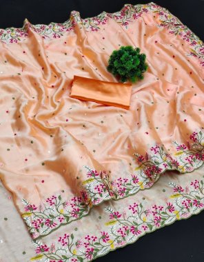 peach saree - moss chiffon embroidery multi thread work | blouse - heavy satin silk fabric embroidery work party wear 