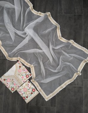 white saree - soft organza silk embroidery codding work | blouse - satin banglory silk fabric embroidery work festive 