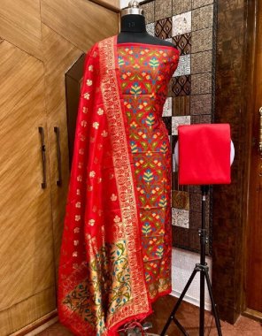 red top - pure chanderi banarasi silk ( 3m cut including 0.4m sleeves ) | bottom - cotton silk ( 2.50 m cut ) | dupatta - woven chanderi banarasi silk ( 2.30 m ) cut with tussels both end | size - fits upto 60 | length - 48 fabric weaving work party wear 