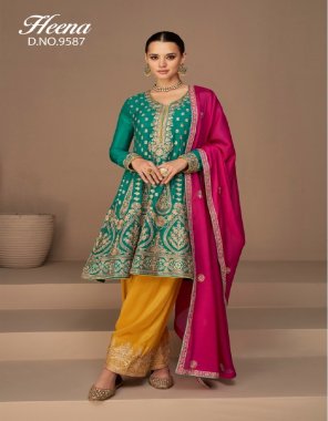 green top - premium georgette embroidery ( free size stitched ) | sleeves - premium georgette embroidery work ( full sleeves ) | inner - santoon ( attached with top ) | bottom - premium georgette ( material ) | dupatta - georgette embroidery work with four side lace | size detail - top length - 44 inches | top bust size - upto 44 inches ( free size stitched ) | bottom size - 2.25m ( material ) | dupatta - 2.25 m | type - semi stitched  fabric embroidery work party wear 