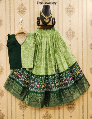 parrot green blouse - stitched zari work | lehenga - soft zari silk with foil work lehenga and zari weaving | inner - micro cotton ( lehenga & blouse ) fabric printed work casual 