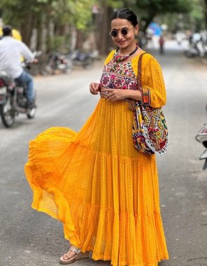 yellow gown - faux georgette with digital printed with embroidery real mirror work ( fully flair ) | inner - heavy micro cotton | length - 58 inch | flair - 10 m | size - 42 xl full stitched ( free size ) fabric digital printed work party wear 