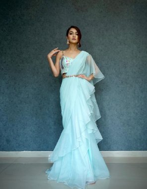 sky blue saree - apple organza silk | flair - 4m | embroidery belt | inner - heavy micro cotton | blouse - banglory silk with multi thread embroidery sequance work ( fully stitched ) | dupatta - apple organza silk with ruffle ( 3.10 m) | size - 42 xl stitched ( free size upto xl )  fabric embroidery work festive 