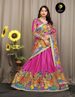 pink lehenga - pure dola silk with khajuri crushed | waist - supported upto 42 | lehenga closer - stitched with canvas | length - 41 | flair - 4m | inner - micro cotton | type - stitched | blouse - dola silk with foil printed | length - 1 m ( unstitch ) | dupatta - pure dola silk with viscose border and tassels with digital printed and foil printed work ( 2.5 m)  fabric crushed work  work ethnic 