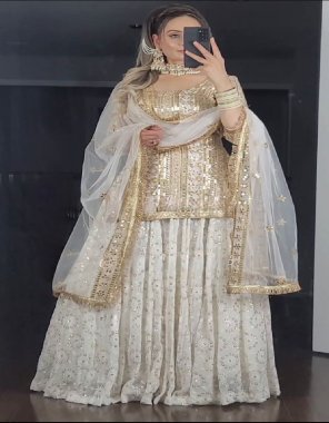 white lehenga - heavy faux georgette with sequance embroidery work | flair - 3m | inner - micro cotton | length - 40 - 41 inch | lehenga type - semi stitched | top - heavy faux georgette with sequance embroidery work |top length - 36 