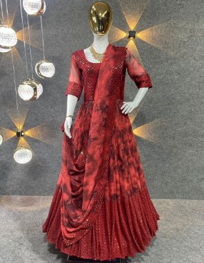 red gown - fox georgette with embroidery sequance work with full sleeves | inner - micro cotton | length - 55 inch | flair - 3 m | size - upto 42 xl free size ( fully stitched ) | dupatta - fox georgette with digital printed four side sequance embroidery less ( 2.40 m) fabric embroidery work ethnic 
