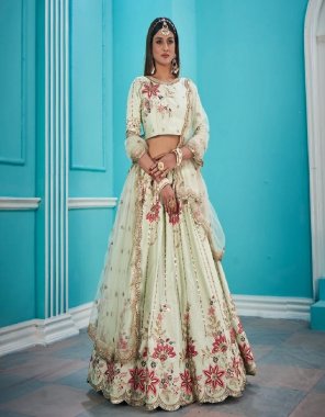 pista lehenga - heavy finish paper thread and sequance embroidery work in soft net lehenga with full double linning cancan and canvas | blouse - soft net with heavy finish paper thread sequance embroidery work in blouse & sleeves | dupatta - soft mono all over net dupatta with heavy finish paper thread sequance embroidery work | size - length - 44 inches| waist - upto 42 inches | unstitch - 1m blouse| dupatta -2.50 m | lehenga - 2.80m fabric embroidery work ethnic 