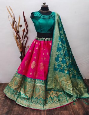 pink lehenga - brocade fabric lehenga with inner | cancan & canvas | semi stitched| size - upto 42 | length - 42 | blouse - pure silk designer blouse ( fully stitched ) | dupatta - pure banarasi silk  fabric weaving work festive 