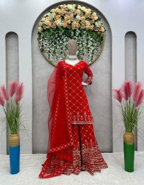 red suit - faux georgette with inner with thread with sequance work | size - upto 42 ( full stitch ) | sharara - faux georgette with inner thread and sequance work | length - 42 | size - free ( full stitched with elastic )| dupatta - soft net thread sequance lace work ( 2.2m) fabric thread sequance work work ethnic 