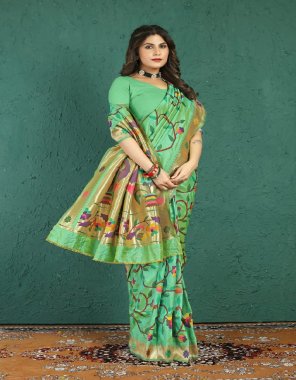 parrot green paithani soft silk handloom pure zari weaving saree  fabric weaving work casual 