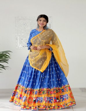 navy blue lehenga - soft buttersilk with mirror work and fancy lace work | inner - micro cotton | lehenga length - 42 - 44 inch | lehenga flair- 3m | lehenga size - free size upto xxl - fully stitched | blouse - soft buttersilk with digital printed and original mirror work | sleeves - full sleeves with fancy digital printed and original mirror work | blouse size - xl stitched upto xxl margin | dupatta - organza silk with fancy embroidery work and cotton lace work ( 2.1 m) fabric mirror work work party wear 