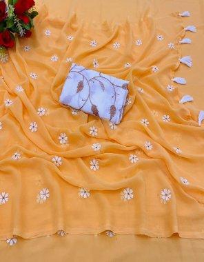 peach saree - 60gm blooming saree with gorgeous white embroidery | blouse - banglory mono soft silk  fabric thread work work party wear 