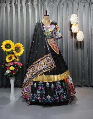 black lehenga - soft buttersilk with real mirror work with golden jari gota | inner - micro cotton | length - 42 - 44 inch | flair - 4 m | type - stitched | choli - soft buttersilk with fancy digital printed & real mirror work | type - unstitched ( 1.20m ) | dupatta - soft buttersilk with digital printed work ( 2.20 m) fabric mirror work work party wear 