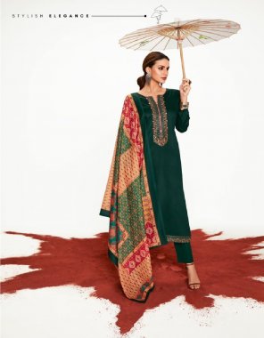 dark green top - jam satin with neck & daman embroidery | bottom - lawn dyed | dupatta - lawn mul mul fabric embroidery work festive 