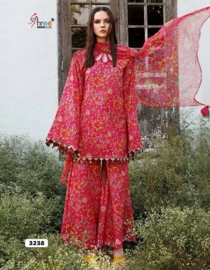 pink top - cotton print with embroidery | bottom - semi lawn print & dyed | dupatta - chiffon ( pakistani copy ) fabric embroidery work party wear 