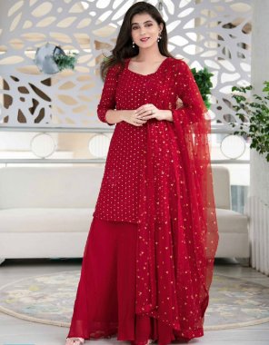 red fabric - fox georgette with embroidery sequance work | dupatta - net | plazzo - fox georgette  fabric embroidery work festive 