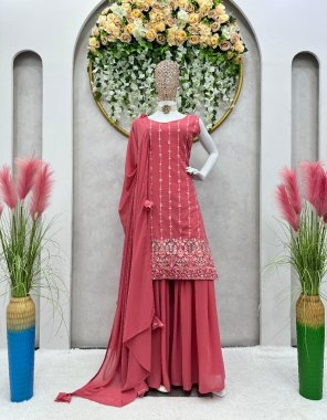 pink top - faux georgette | inner - micro | work - thread sequance work | stitch - full stitched upto 42 | front and back both side work and extra sleeves inside attached | plazzo - faux georgette | stitch - full stitch upto 44 with elastic | dupatta - faux  georgette with fancy latkan  fabric embroidery work ethnic  