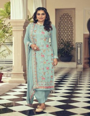 sky blue top - heavy fox georgette embroidery sequance work with less | sleeves - heavy fox georgette less sequance work |bottom - heavy santoon | plazzo cut - 2.30m | bottom inner - heavy santoon | top inner - heavy santoon silk with joint top | dupatta - heavy fox georgette sequance with 4 side lece | length - max upto 48