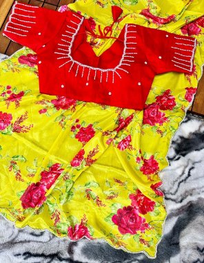 yellow semi pure chinon silk with hand work | blouse - stitched silk with handwork | size - 38 upto 42 fabric handwork  work ethnic 