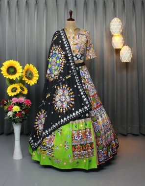 black lehenga - soft buttersilk with digital printed and real mirror work | inner - micro cotton | length - 42 - 44 inch | flair - 4m | type - stitched | blouse - soft buttersilk with fancy digital printed & real mirror work | size - 1.20m fabric ( unstitched ) | dupatta - soft buttersilk digital printed & real mirror work ( 2.20 m ) fabric digital printed work party wear 