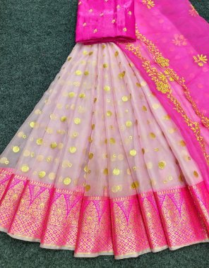 baby pink pure naylon organza silk with zari embroidery work with blouse along with dupatta | lehenga - 3m | blouse - 1m approx jacquard fabric | dupatta - 2.20m with 2 side piping fabric embroidered work casual 