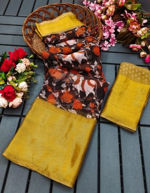 brown saree - soft siffon silk slub ( golden zari weaving ) | blouse - soft siffon silk slub ( running contrast blouse )  fabric zari weaving work party wear 
