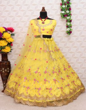 yellow size - length - 44 inches | waist - upto 42 inches | blouse - unstitch 1 blouse | dupatta - 2.50m | lehenga - 2.80m fabric embroidery work festive 