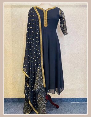 navy blue gown - heavy faux georgette neck fancy stitching with embroidery sequance work | sleeves - full sleeves with fancy embroidery | inner - heavy micro cotton | gown length - 52 - 53 inch | flair - 3m | gown type - fully stitched | bottom - heavy buttersilk | dupatta - heavy faux georgette with heavy embroidery sequance work with one side box pallu work fabric embroidery work party wear 