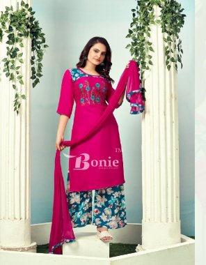 pink top - heavy rayon embroidery work | plazzo - rayon foil mill print | dupatta - nazmin  fabric embroidery work festive 