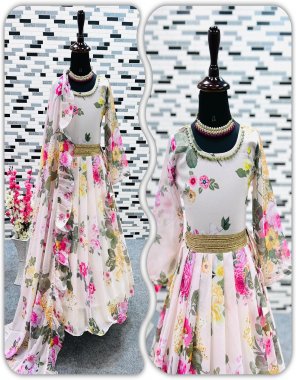 white gown - heavy fox georgette with digital printed with sleeves and less belt with urf cutting joint flair | inner - micro cotton | gown - fully stitched | dupatta - heavy fox georgette with digital printed  fabric digital printed work ethnic 