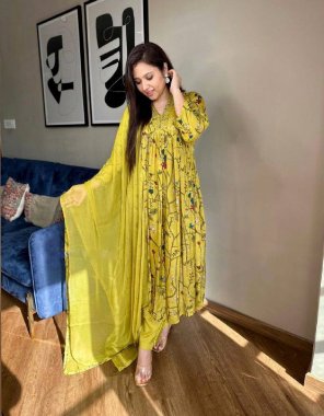 yellow gown - heavy rayon with digital printed with embroidery real mirror work | length - 52