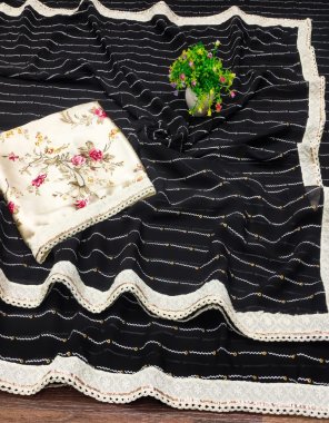 black saree - soft georgette fancy designer saree with fancy lace border | blouse - flora design printed pure japan satin blouse ( 1m unstitched ) ( master copy) fabric printed work festive 