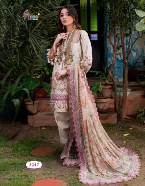 white top - cotton print with patched embroidery | bottom - semi lawn | dupatta - chiffon ( pakistani copy ) fabric printed work party wear  