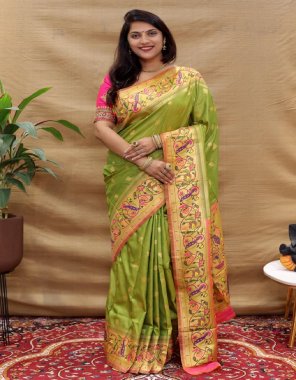 parrot green soft pure silk paithani saree fabric weaving work party wear 