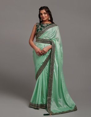 green saree - chinon with zari embroidery lace | blouse - heavy dhupiyan embroidery work fabric embroidery work party wear 