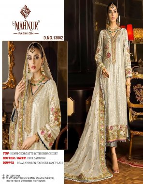 white top - heavy georgette with embroidery | bottom / inner - dull santoon | dupatta - heavy najmeen four side fancy lace ( pakistani copy ) fabric embroidery work party wear 