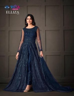 navy blue top - heavy vaishnavi net with heavy sequance embroidery stone work back side work | sleeves - vaishanvi net with embroidery work stone | inner - dull satin | bottom - dull satin with sequance embroidery work stone | dupatta - net | length - max upto 54+ | size - max upto 44+| flair - 3 m | type - semi stitched ( material) fabric embroidery work casual 