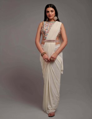 white saree - malai lycra | saree length - 28 to 38 size | work - ready to wear ( stitching saree ) | blouse- heavy dhupiyan codding work | length - free size fabric embroidery work party wear 