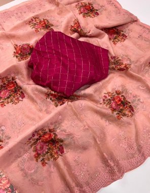 peach soft tissue silk with embroidery thread work sequnace & digital printed  fabric embroidery work festive 