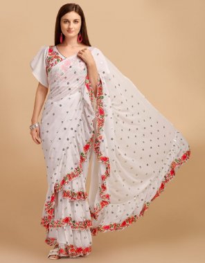 white saree - fox georgette embroidery thread work real mirror work and raffule cut | blouse - satin banglori embroidery work ( unstitched )  fabric embroidery work festive 