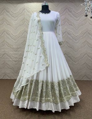 white gown - heavy faux georgette heavy embroidery work with canvas patta | sleeves - full sleeves with embroidery sequance work | inner - heavy micro cotton | length - 54 - 56 inch | flair - 3m | type - full stitched | dupatta - heavy georgette embroidery sequance work  fabric embroidery work festive 