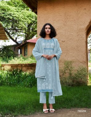 sky blue top - intricate print designs on pure cotton linen | length - 46 inches | bottom - cpure cotton linen silk crochet lace | length - 37.5 inches | dupatta -cotton mul with all over embroidery and crochet laces | length - 2.5 m fabric printed work ethnic 