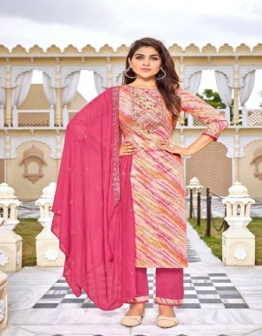 pink top - heavy jam cotton print with mirror embroidery and sequance work | bottom - heavy rayon pant with payal lace | dupatta - chiffon fabrics with work and 4 side lace fabric printed work festive 