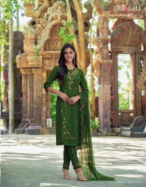 dark green top - handwork and embroidery on viscose fabric | dupatta - cut work embroidery work on organza with fancy lace | pant - fancy embroidery work on viscose fabrics  fabric embroidery work festive 