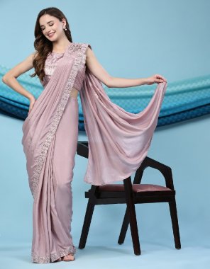 pink saree - silk satin with embroidred border | blouse - frill and sequance emboirdery work | blouse size - 36 ready [ 2 - 2 inch margin extended to 40 ]  fabric embroidery work festive 