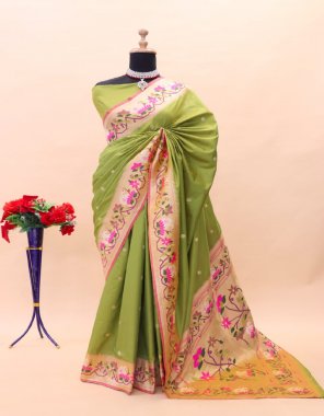 parrot green paithani pure soft silk handloom saree fabric weaving work party wear 