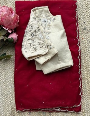 red soft organza with handwork pearl handwork | blouse - silk ( stitched ) | size - 38 upto 42 fabric handwork work party wear 