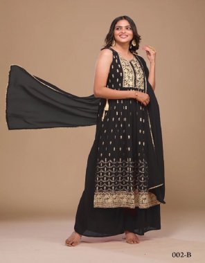 black top - heavy georgette with sequance embroidery work | sleeves - long sleeves ( attached ) | inner - micro crape | size - xxl 44 with margin ( 2 inch ) | length - 52 inch max | bottom - heavy georgette with micro crep inner | size - fully stitched 44 inch max | length - 42 inch | dupatta - heavy georgette with 4 side less  fabric embroidery work casual 