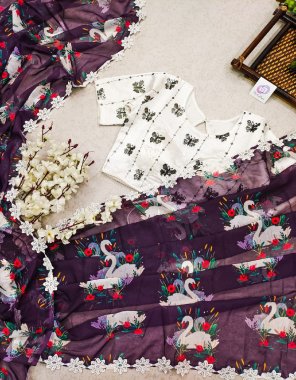 purple fox georgette printed | blouse - stitch embroidery blouse with matching blouse fabric printed work festive 