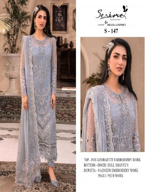 sky blue top - fox georgette embroidered with diamond and zarkan | dupatta - nazneen heavy embroidered with pallu heavy embroidred | bottom  & inner - heavy dull santoon  fabric embroidery work casual 